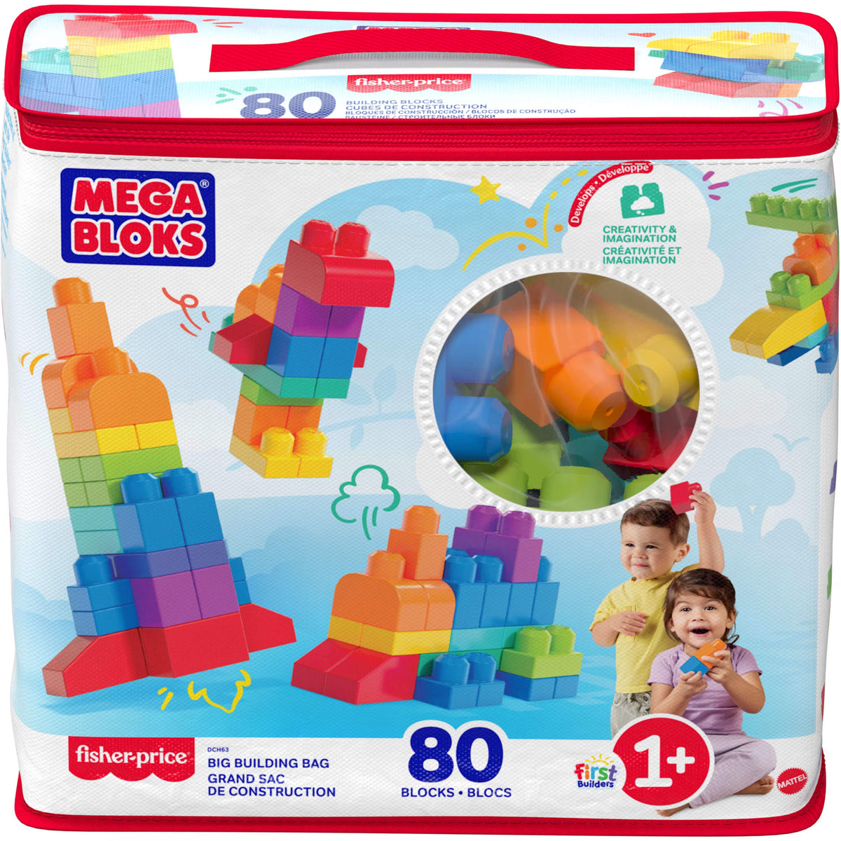 MEGA BLOKS Fisher-Price Toy Blocks Blue Big Building Bag with Storage (88 Pieces) for Toddler