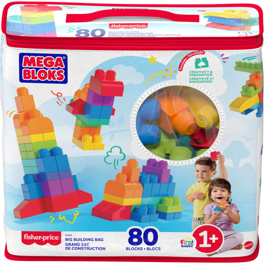 MEGA BLOKS Fisher-Price Toy Blocks Blue Big Building Bag with Storage (88 Pieces) for Toddler