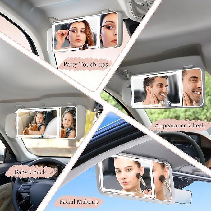 Car Sun Visor Vanity Mirror with LED Lights  Rechargeable Dimmable Makeup Mirror