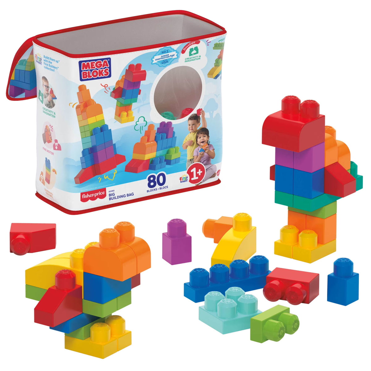 MEGA BLOKS Fisher-Price Toy Blocks Blue Big Building Bag with Storage (88 Pieces) for Toddler