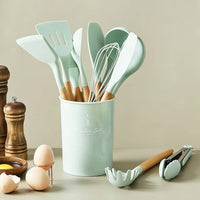 11 Piece Silicone Cooking Utensils Set with Wooden Handles  Heat Resistant & BPA Free