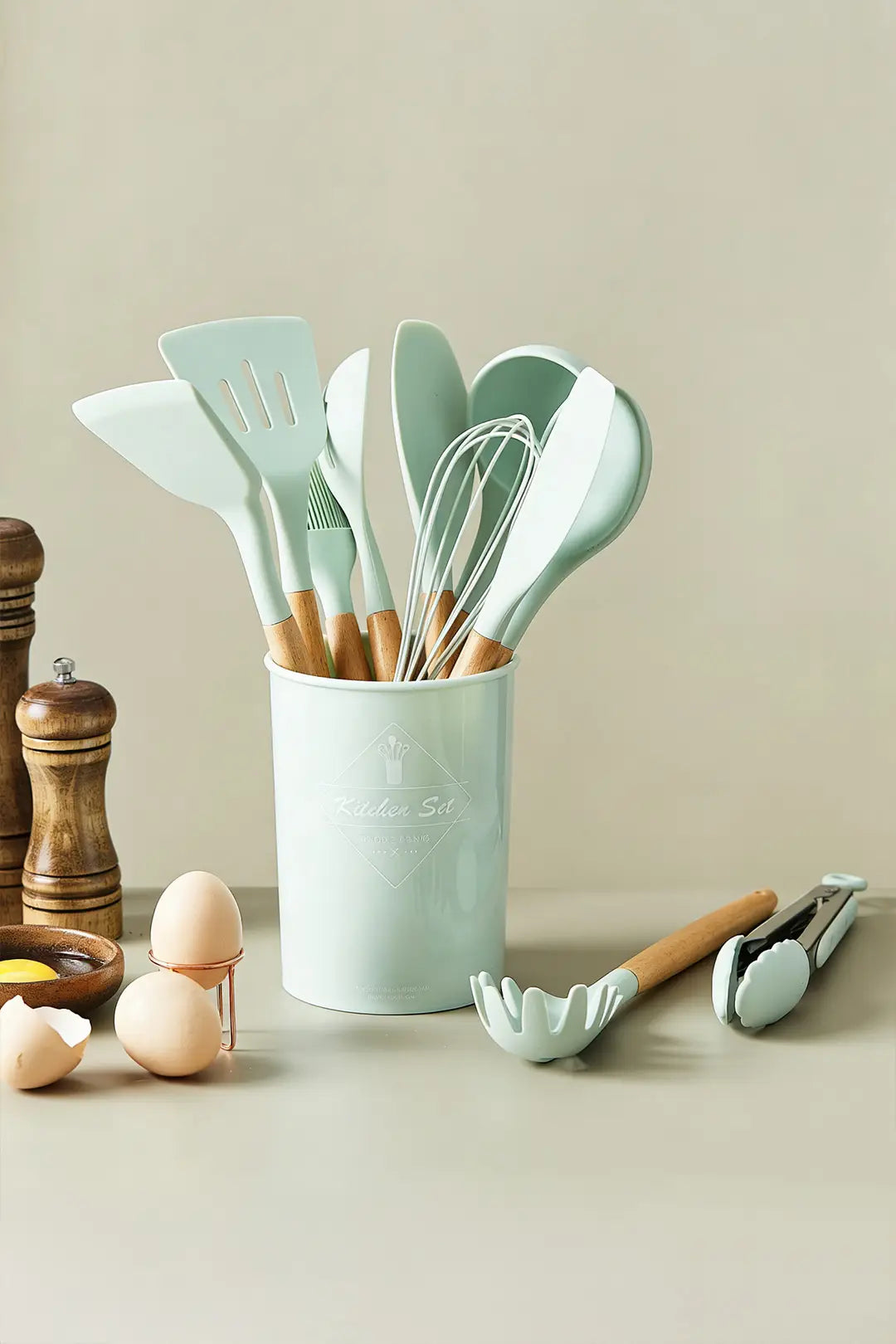 11 Piece Silicone Cooking Utensils Set with Wooden Handles  Heat Resistant & BPA Free