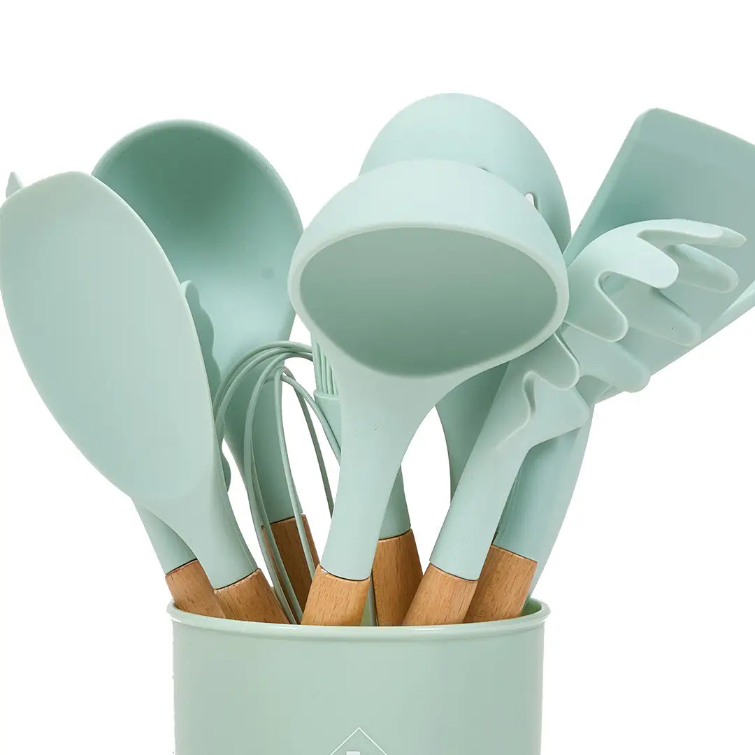 11 Piece Silicone Cooking Utensils Set with Wooden Handles  Heat Resistant & BPA Free