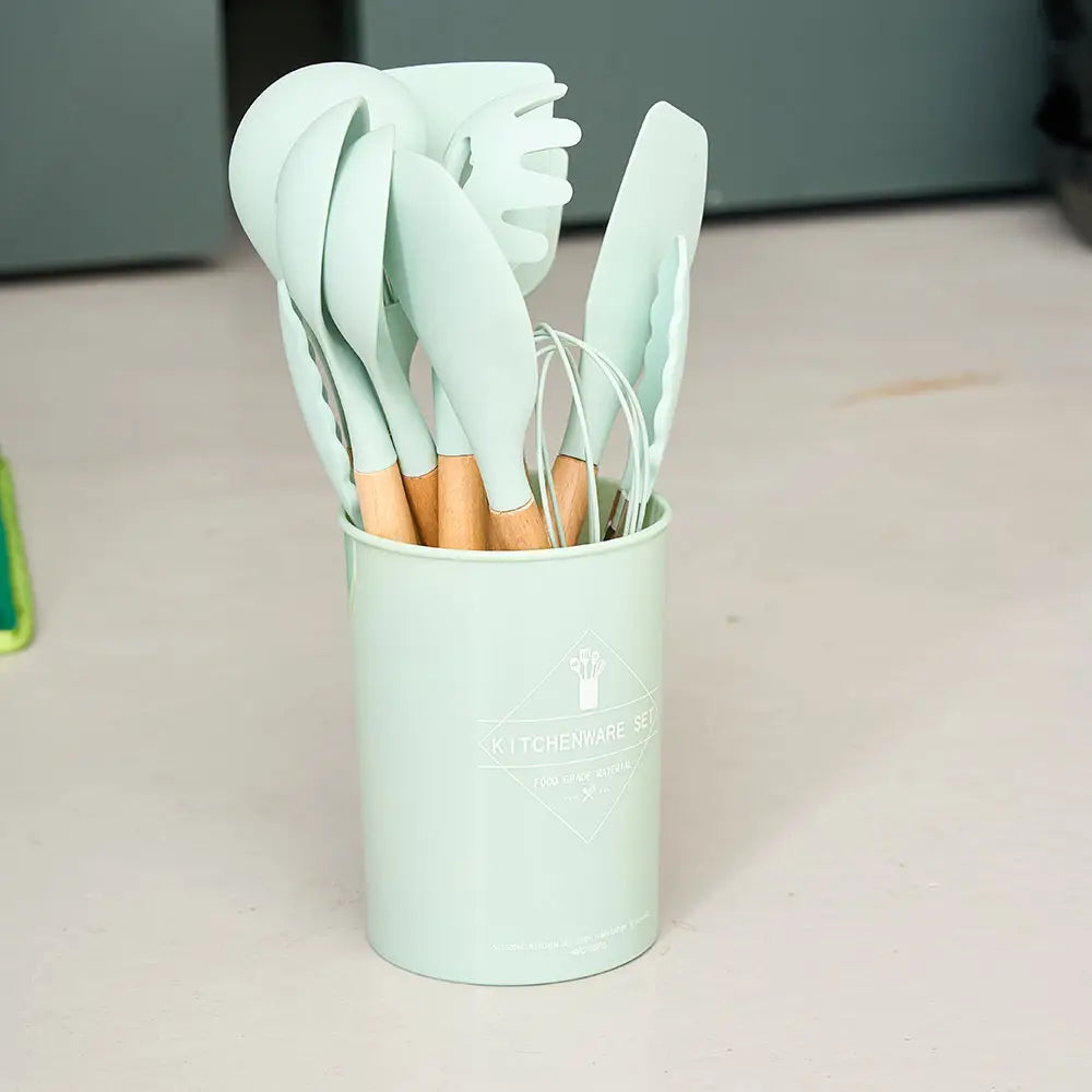 11 Piece Silicone Cooking Utensils Set with Wooden Handles  Heat Resistant & BPA Free