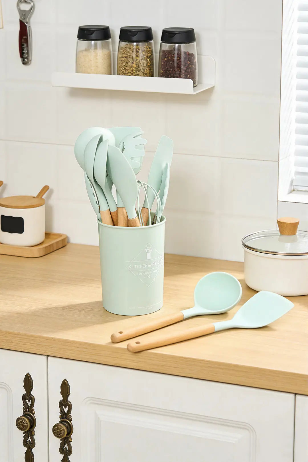 11 Piece Silicone Cooking Utensils Set with Wooden Handles  Heat Resistant & BPA Free